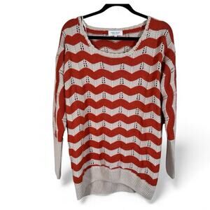Sherry Taylor Orange Tan Open Knit Striped Sweater Womens L Chunky Fall Casual